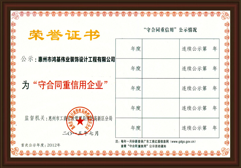 2014年度守合同重信用企业证书