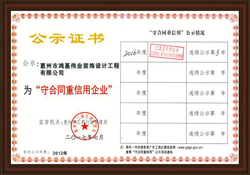 2016年度守合同重信用企业证书